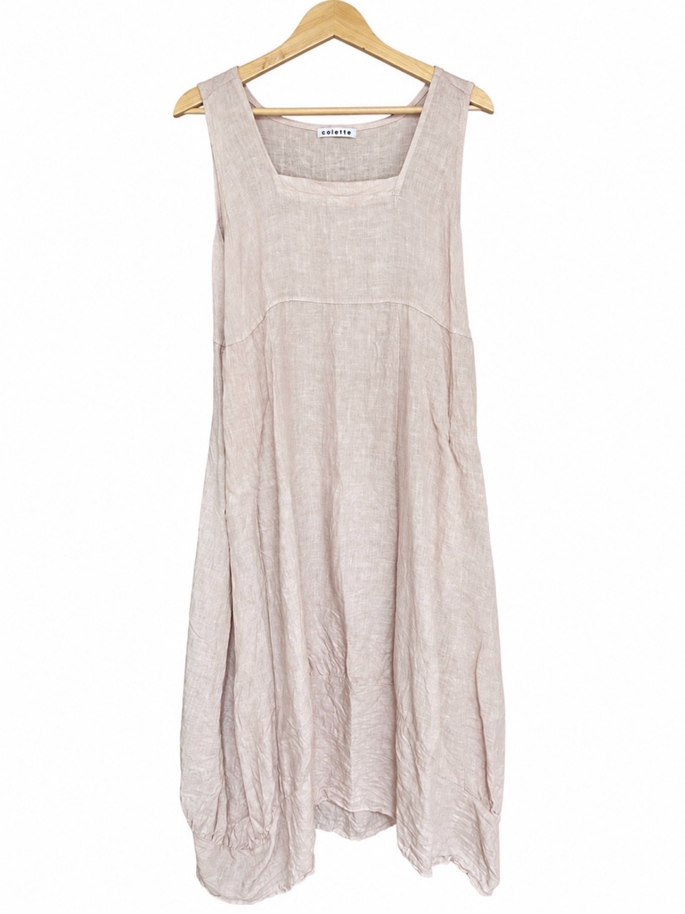 Pale pink high/low linen dress with square neck line